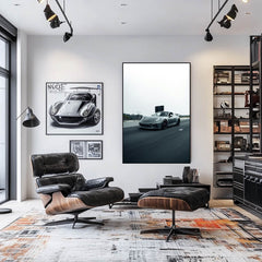 Stylish interior featuring car wall art of a Grey Porsche 911 GT3 in Motion, showcasing its dynamic design and performance.