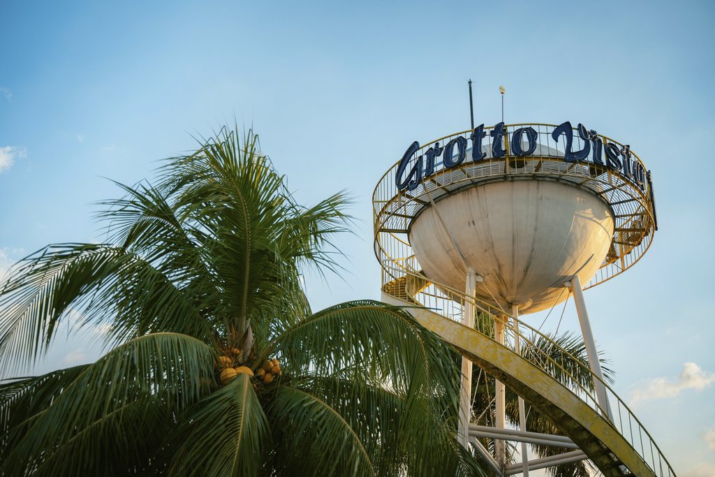 Kenneth Surillo - Water tower labeled 'Grotto Vista' beside lush palm tree, under a vibrant evening sky.