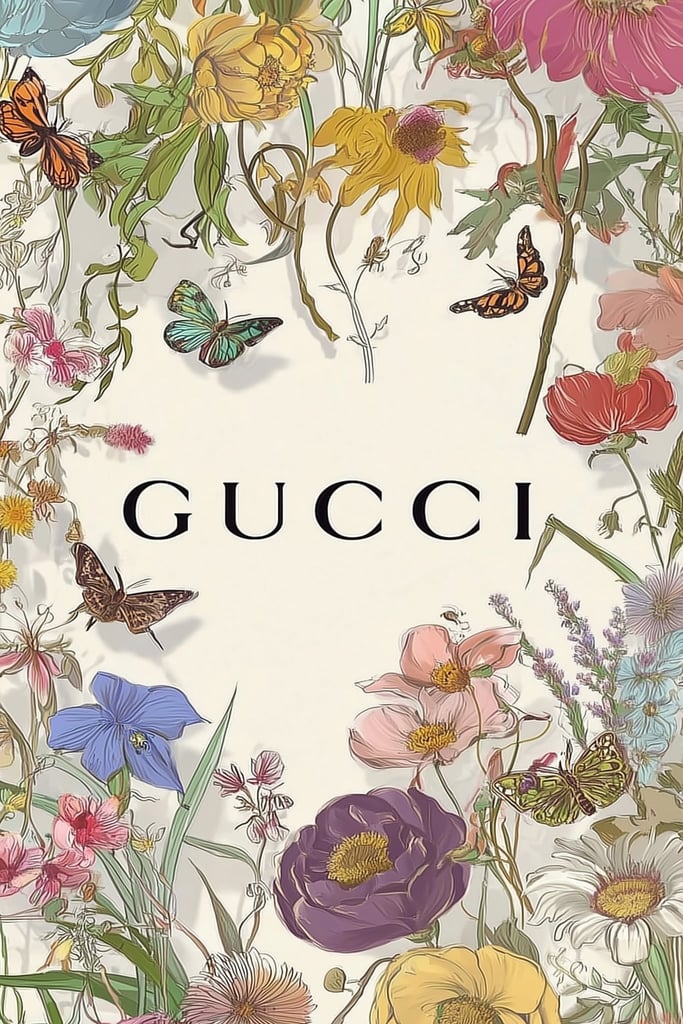 This artwork shows a floral Gucci design with colorful wildflowers, butterflies, and the Gucci logo on a pale background, unframed.