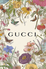 This artwork shows a floral Gucci design with colorful wildflowers, butterflies, and the Gucci logo on a pale background, unframed.