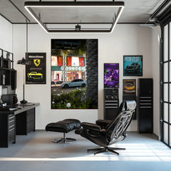 City of Indulgence nighttime wall art featuring Gucci storefront and blue BMW in a luxurious office setting.