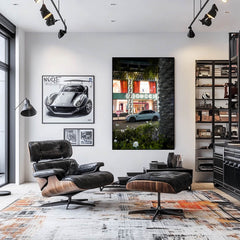 City of Indulgence wall art featuring illuminated Gucci storefront and sleek BMW sedan in urban luxury setting.