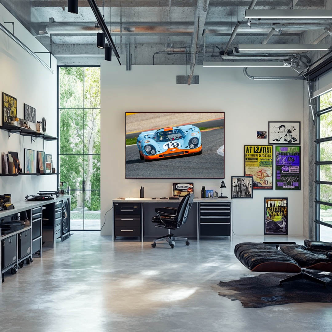 Stylish workspace featuring Porsche 917 in Gulf Racing Colors wall art on display above modern desk.