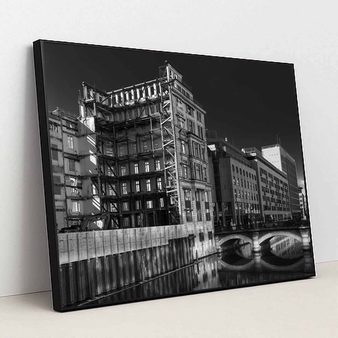 Hamburg Canal: A Grayscale Journey by Wolfgang Weiser - Black Frame Stretchiez