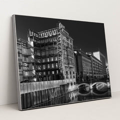 Hamburg Canal: A Grayscale Journey by Wolfgang Weiser - Silver Frame Stretchiez
