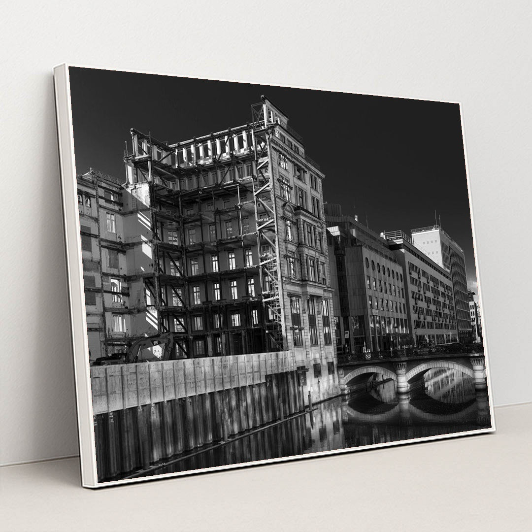 Hamburg Canal: A Grayscale Journey by Wolfgang Weiser - White Frame Stretchiez