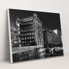 Hamburg Canal: A Grayscale Journey by Wolfgang Weiser - White Frame Stretchiez