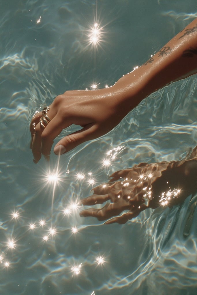 This artwork features a hand with rings reaching into sparkling blue water.