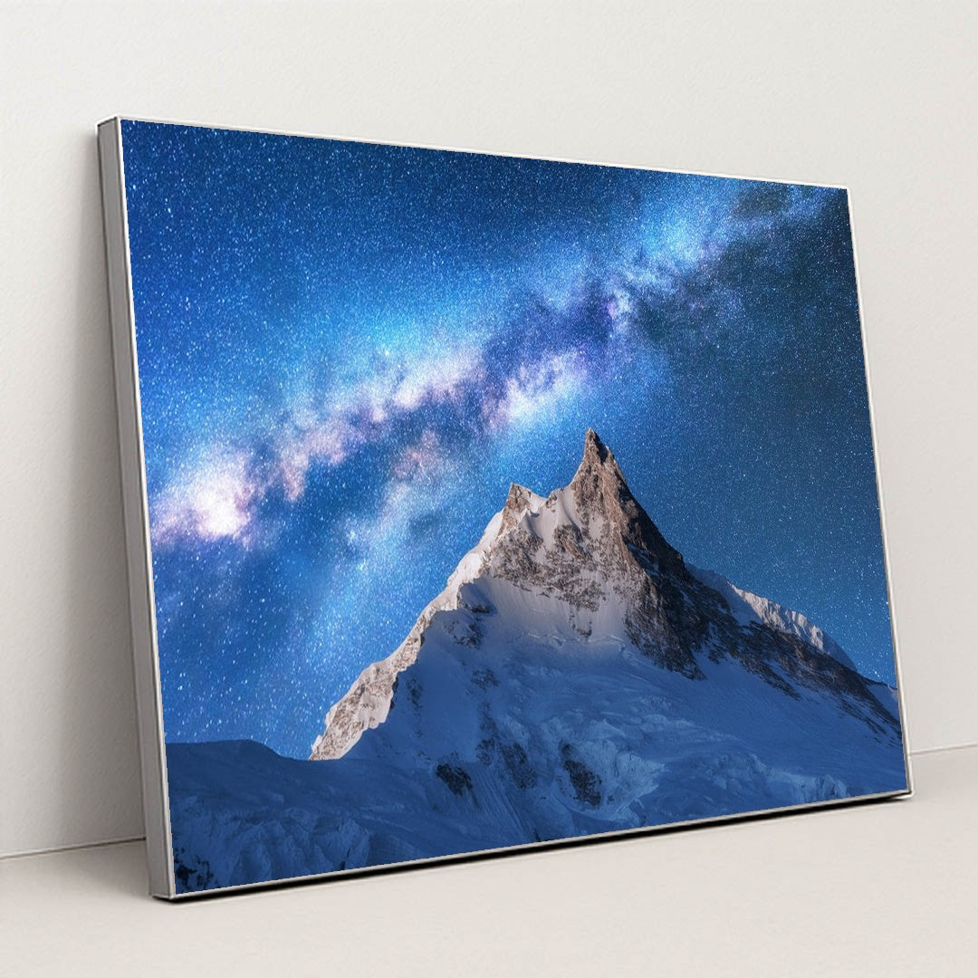 Starlit Himalayan Peaks: A Milky Way Wonderland by Anonymous - Silver Frame Stretchiez