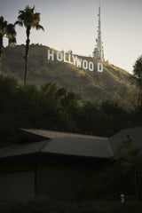 Thomas  balabaud - Sunlit view of the famous Hollywood Sign on a hilltop surrounded by palm trees in Los Angeles, California.