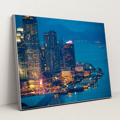 Stunning Night View of Hong Kong from the Mountains by Anonymous - Silver Frame Stretchiez