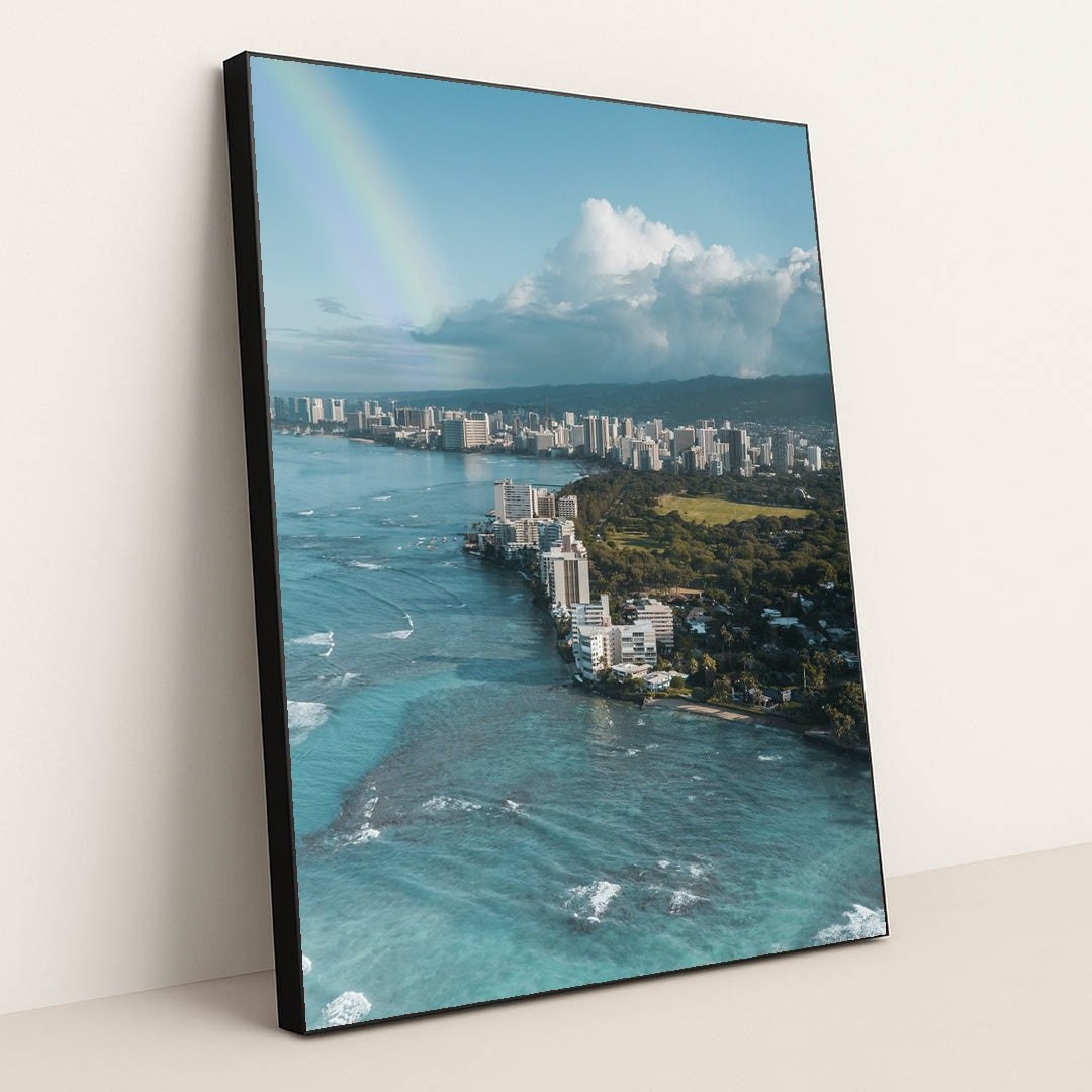 Aerial View of Honolulu with Rainbow by Jess Loiterton - Black Frame Stretchiez