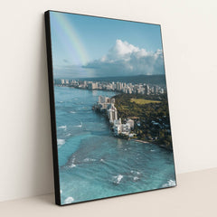 Aerial View of Honolulu with Rainbow by Jess Loiterton - Black Frame Stretchiez