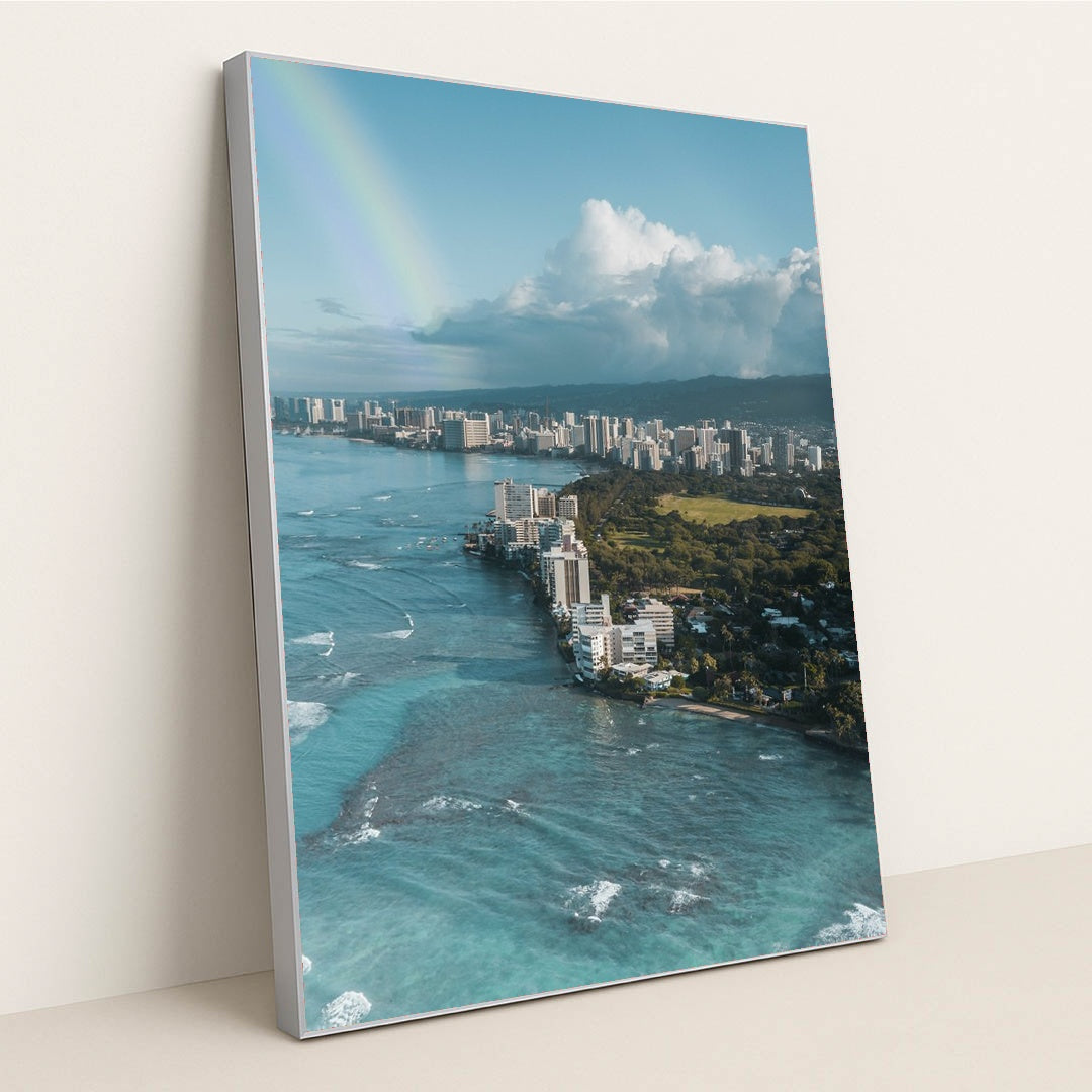 Aerial View of Honolulu with Rainbow by Jess Loiterton - Silver Frame Stretchiez