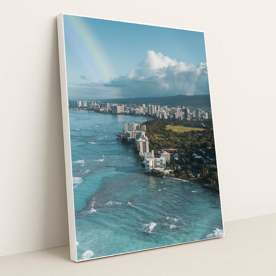Aerial View of Honolulu with Rainbow by Jess Loiterton - White Frame Stretchiez