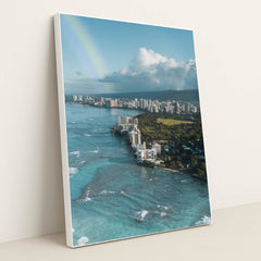 Aerial View of Honolulu with Rainbow by Jess Loiterton - White Frame Stretchiez