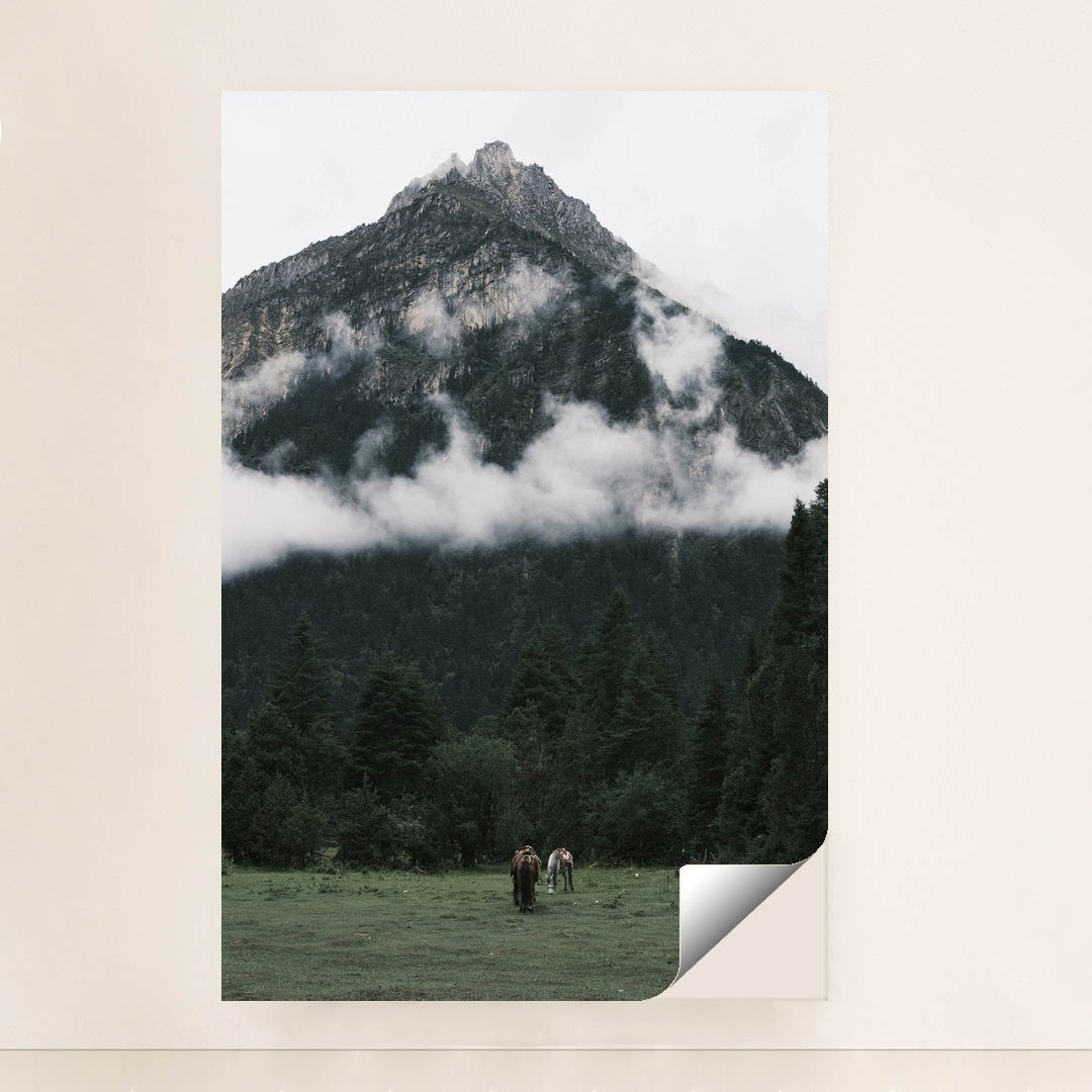 Horses Grazing on Meadow beneath Misty Mountain and Pine Forest by tee Lau - Peeliez