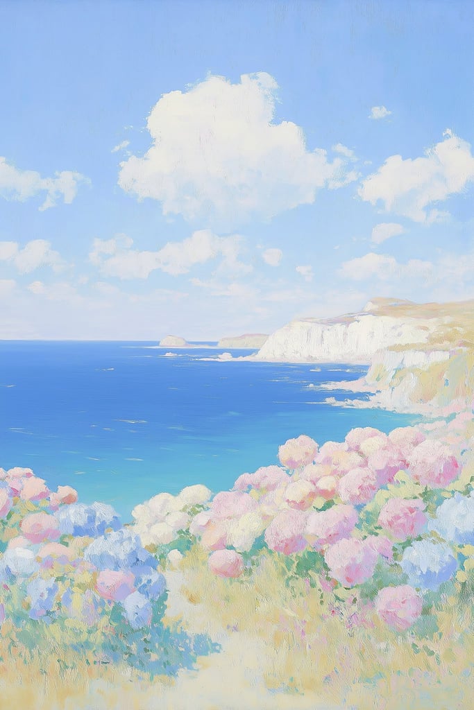 This artwork features a pastel coastal landscape with hydrangea flowers and blue sea cliffs.