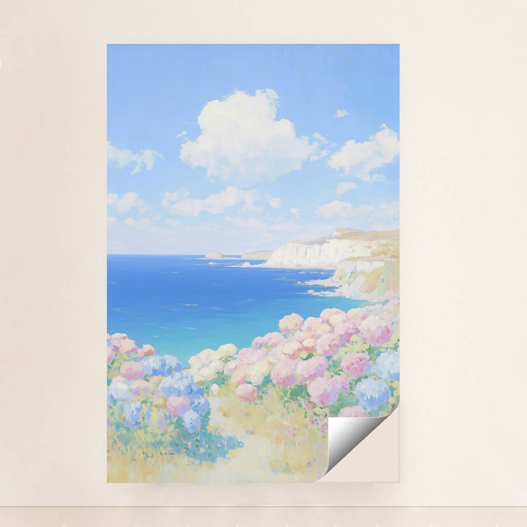 This artwork features a pastel coastal landscape with hydrangea flowers and blue sea cliffs, unframed.