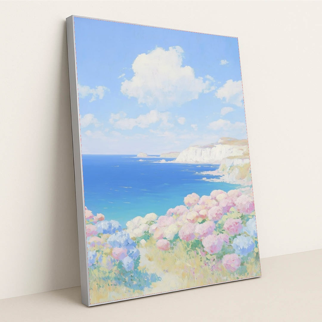 This artwork features a pastel coastal landscape with hydrangea flowers and blue sea cliffs, in a silver frame.