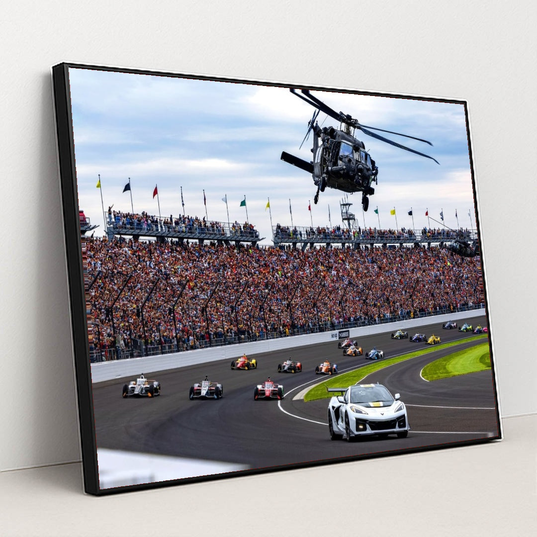Indy 500 2025 — Pace Car Leads the Field Under Helicopter Flyover by Jeff Hilliker - Black Frame Stretchiez