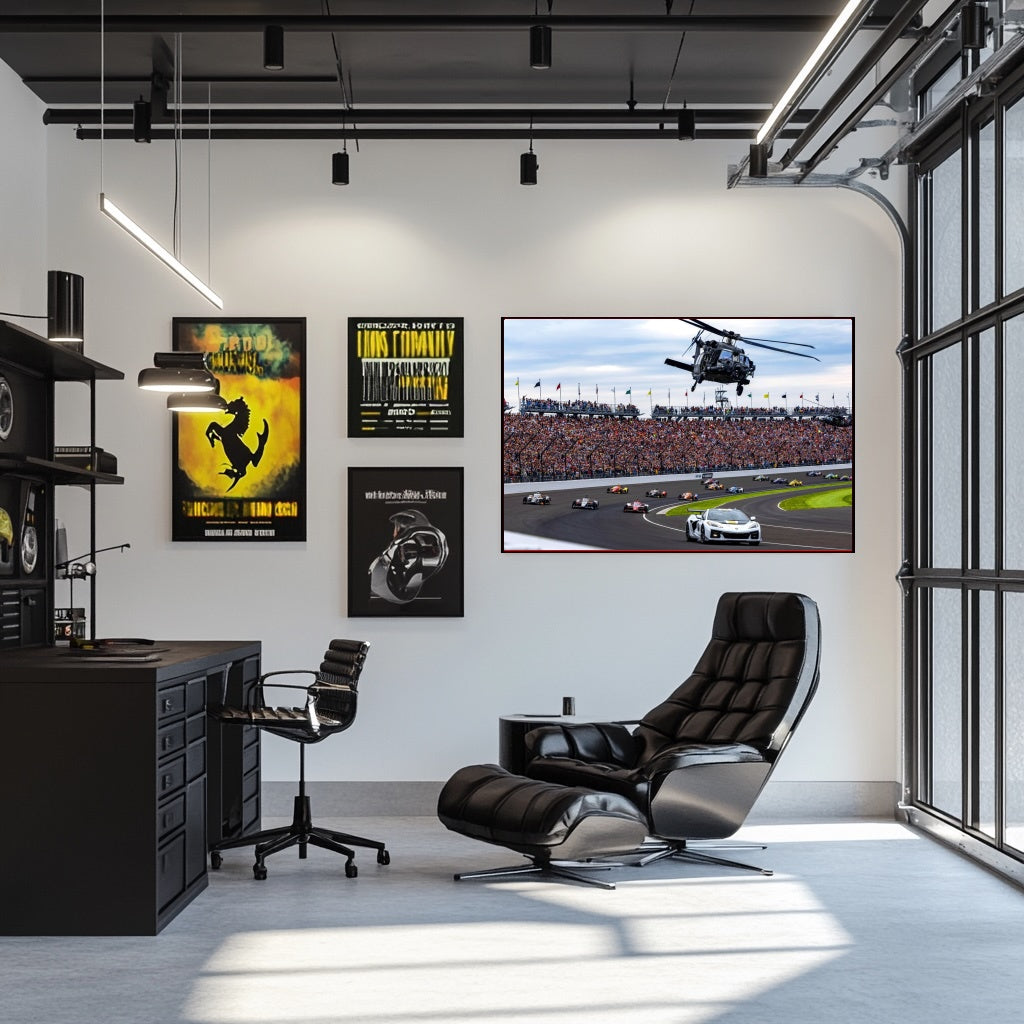Indy 500 2025 — Pace Car Leads the Field Under Helicopter Flyover by Jeff Hilliker - Modern Room