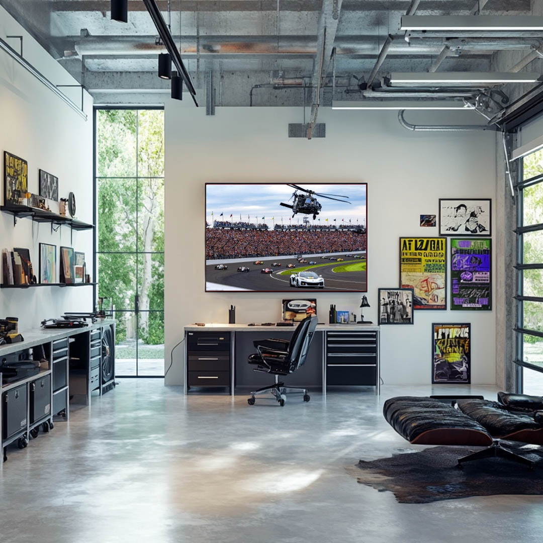 Indy 500 2025 — Pace Car Leads the Field Under Helicopter Flyover by Jeff Hilliker - Old School Room