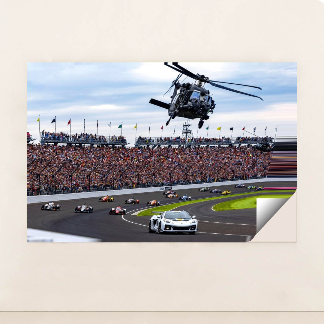 Indy 500 2025 — Pace Car Leads the Field Under Helicopter Flyover by Jeff Hilliker - Peeliez