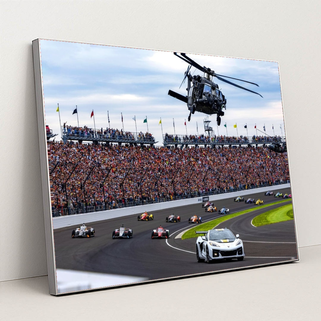 Indy 500 2025 — Pace Car Leads the Field Under Helicopter Flyover by Jeff Hilliker - Silver Frame Stretchiez