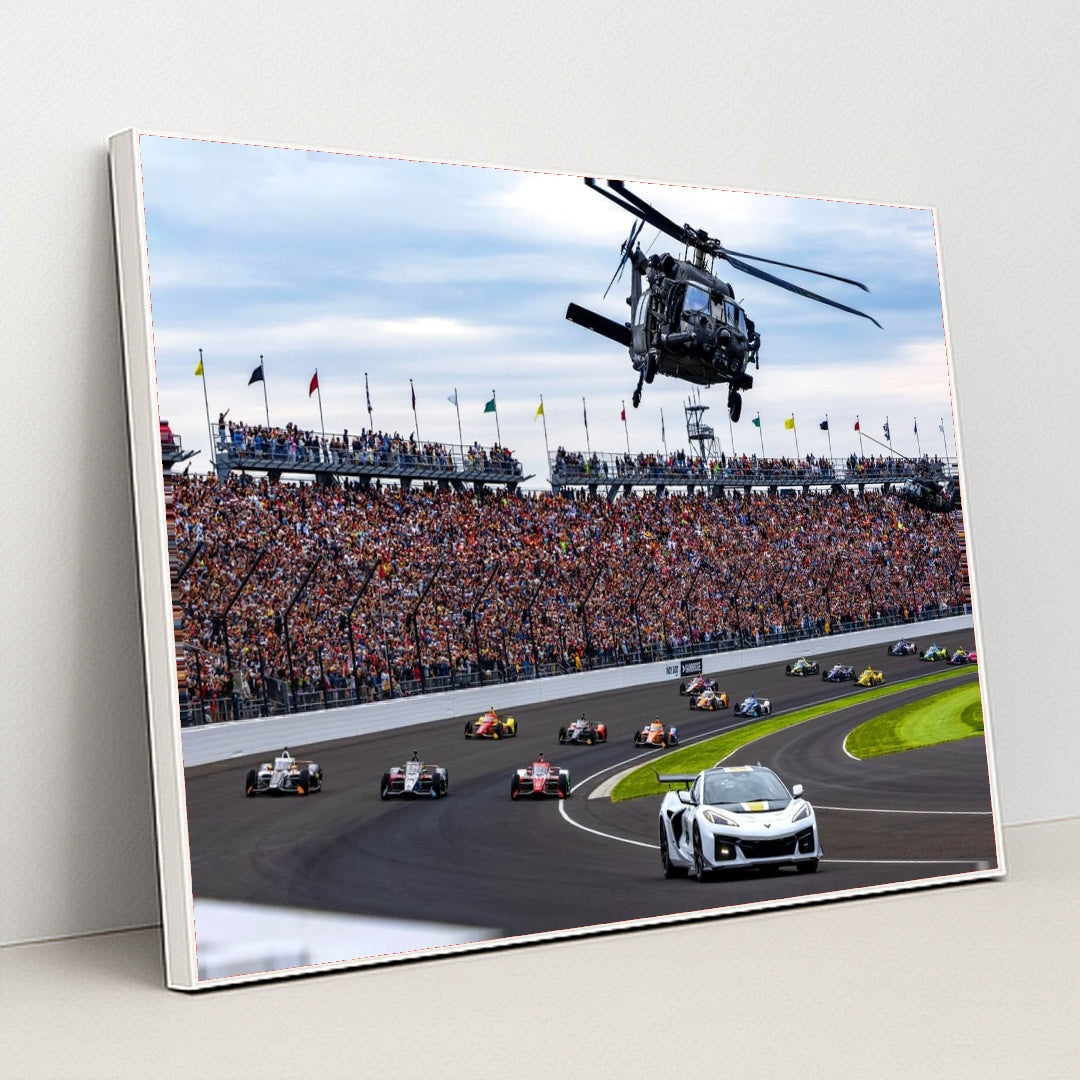 Indy 500 2025 — Pace Car Leads the Field Under Helicopter Flyover by Jeff Hilliker - White Frame Stretchiez