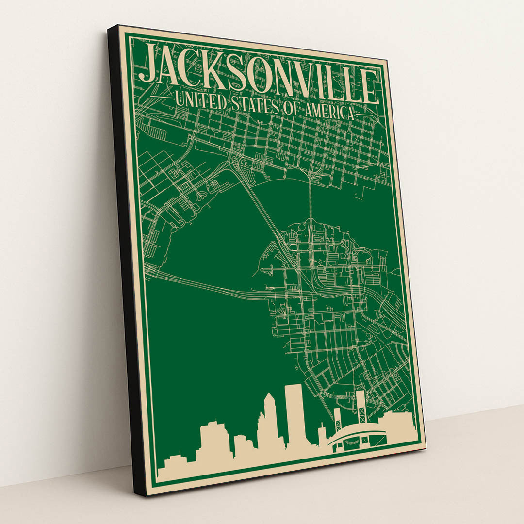 Blueprint of Jacksonville's Urban Landscape by Anonymous - Black Frame Stretchiez