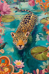 This artwork shows a colorful illustration of a jaguar swimming in a pond with water lilies and vibrant floral patterns, unframed.