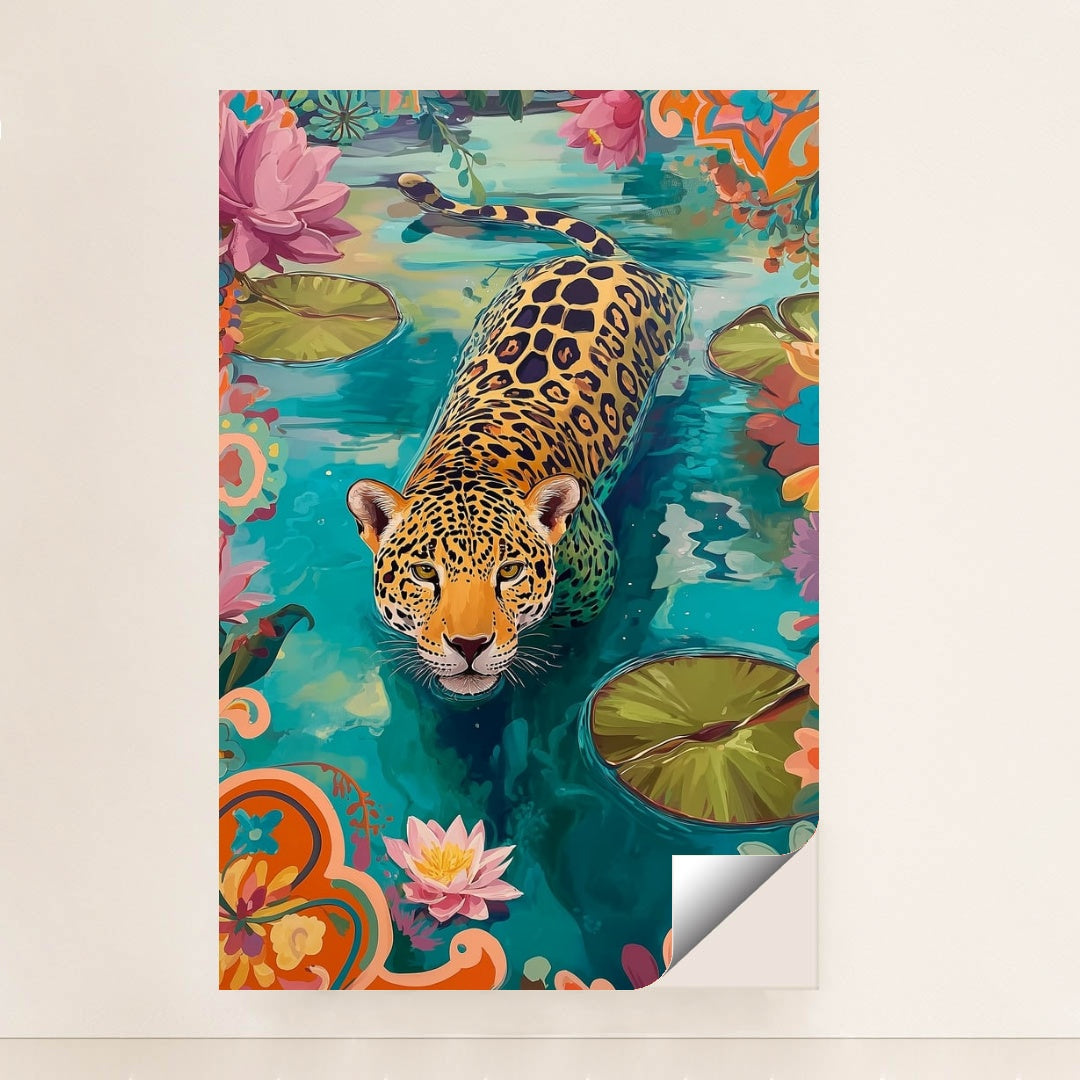 This artwork shows a colorful illustration of a jaguar swimming in a pond with water lilies and vibrant floral patterns, minimalist unframed style.