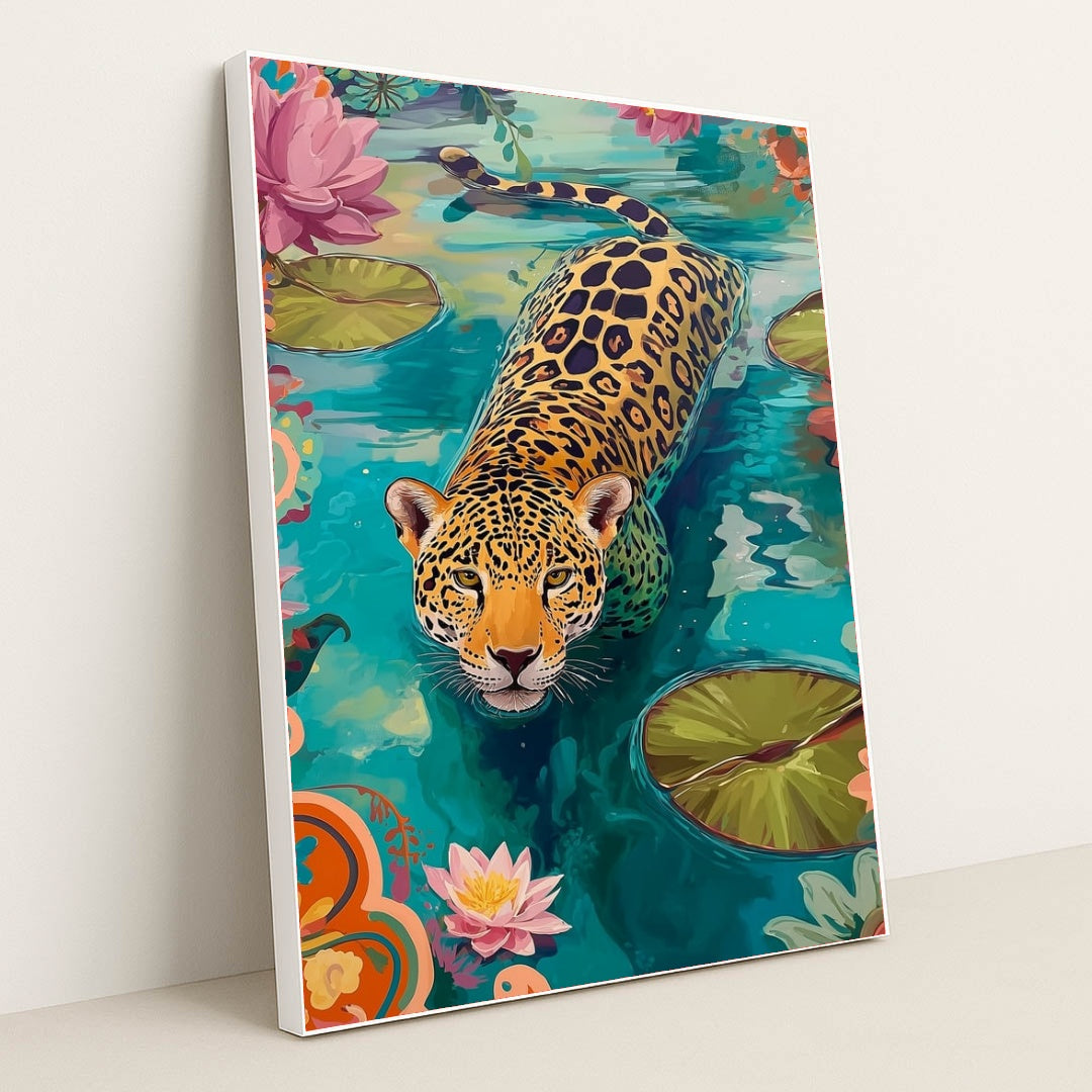 This artwork shows a colorful illustration of a jaguar swimming in a pond with water lilies and vibrant floral patterns, in a white frame.