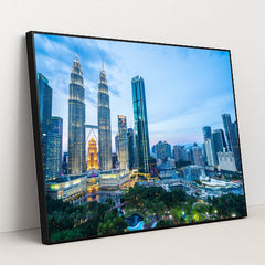 Stunning Kuala Lumpur Skyline: Nighttime Urban Architecture by Anonymous - Black Frame Stretchiez