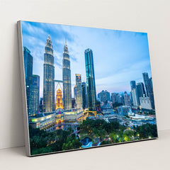 Stunning Kuala Lumpur Skyline: Nighttime Urban Architecture by Anonymous - Silver Frame Stretchiez