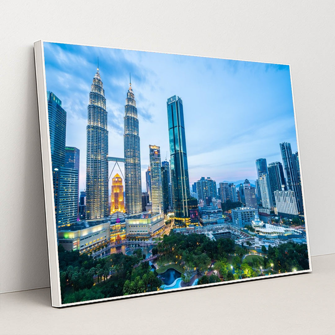 Stunning Kuala Lumpur Skyline: Nighttime Urban Architecture by Anonymous - White Frame Stretchiez