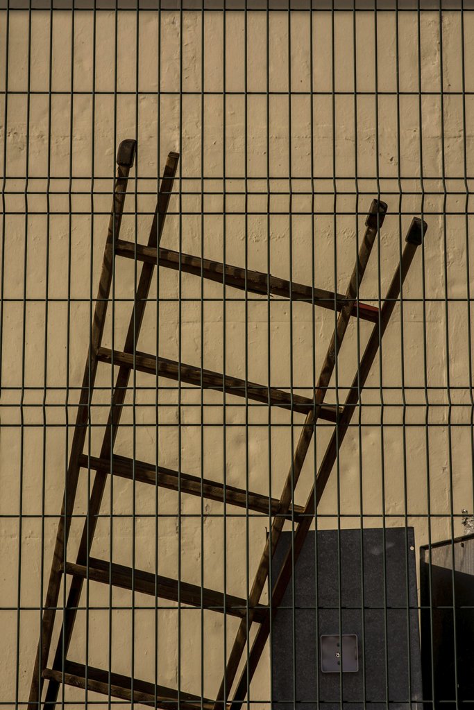 Victor  Moragriega - A rusty ladder leaning against a metal fence, creating an urban aesthetic with a vintage mood.