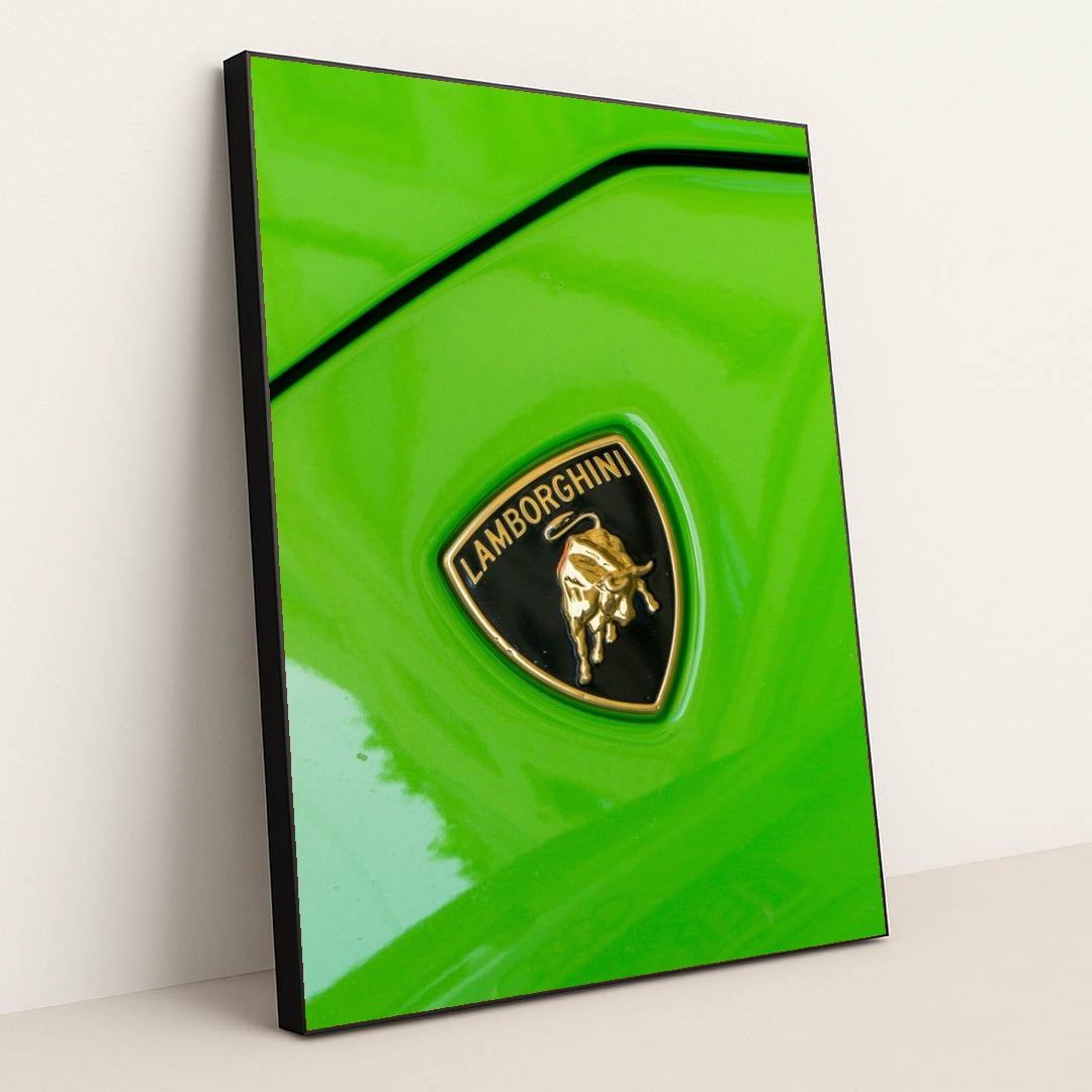 This photo shows a close-up of a Lamborghini badge on a bright green car, in a black frame.