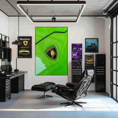 Lambo Gold on Green car wall art featuring Lamborghini emblem on vibrant green supercar background in modern office.