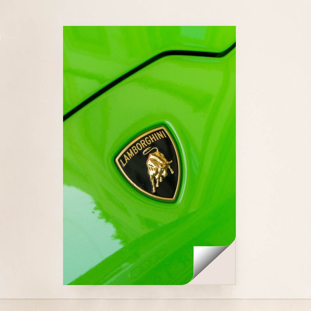 This photo shows a close-up of a Lamborghini badge on a bright green car, unframed.