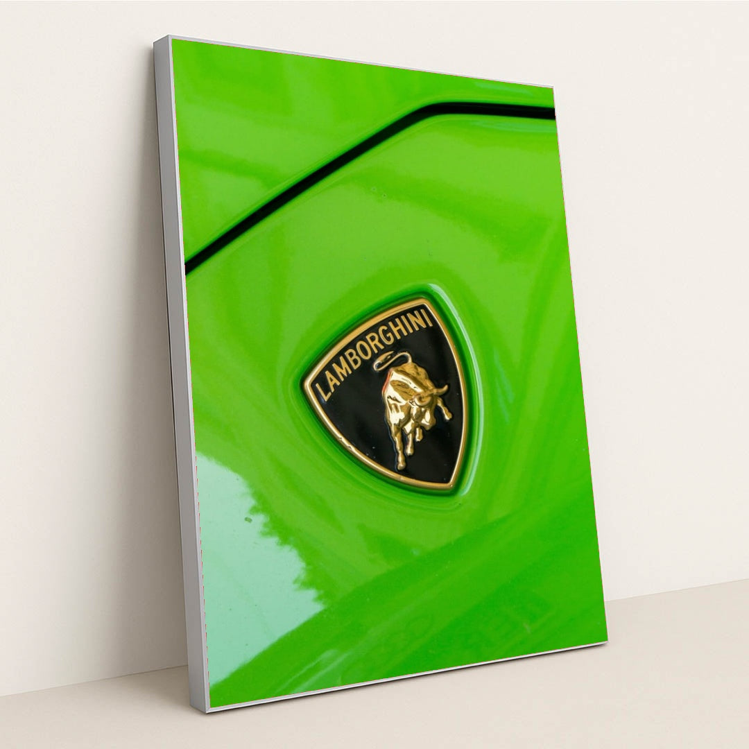This photo shows a close-up of a Lamborghini badge on a bright green car, in a silver frame.