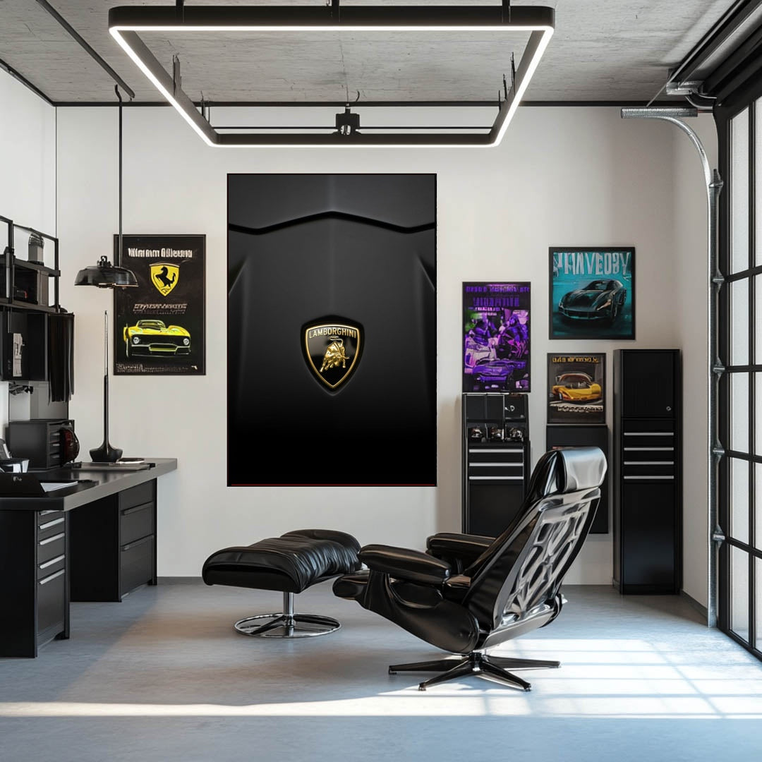 The Lambo Look car wall art featuring a close-up of the Lamborghini emblem on a matte black wall.