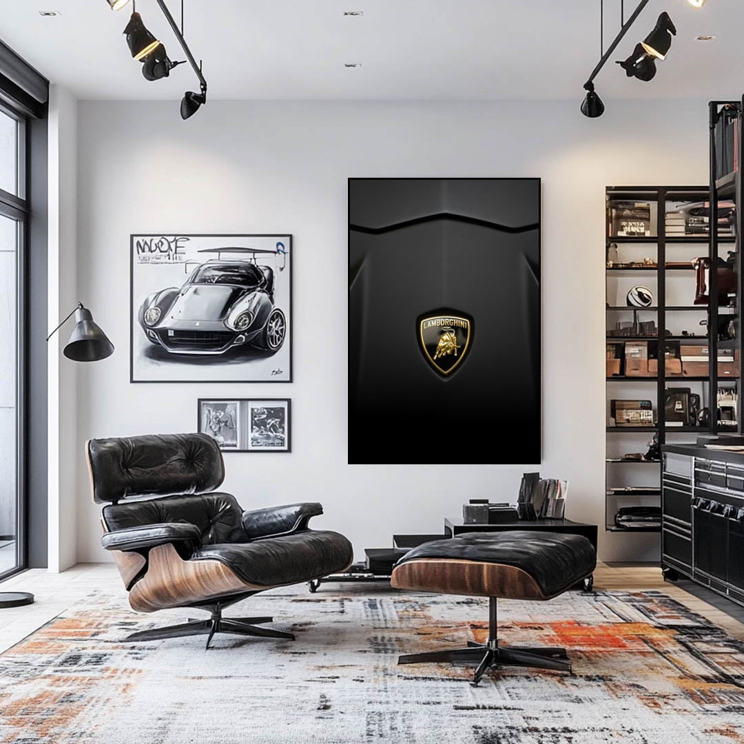 The Lambo Look: close-up of Lamborghini emblem on matte black wall art, enhancing a luxury car-themed interior.