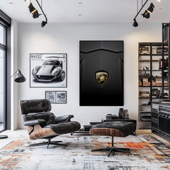 The Lambo Look: close-up of Lamborghini emblem on matte black wall art, enhancing a luxury car-themed interior.