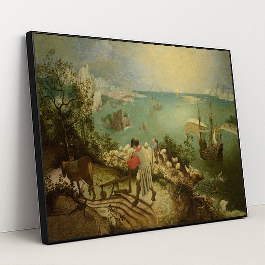 Landscape with the Fall of Icarus by Pieter Bruegel the Elder - Black Frame Stretchiez