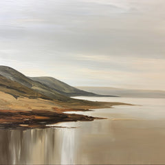 This artwork features a tranquil coastal landscape with rolling hills and calm waters painted in soft neutral tones
