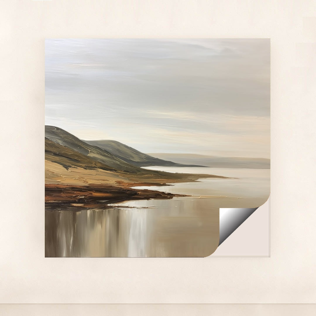 This artwork features a tranquil coastal landscape with rolling hills and calm waters painted in soft neutral tones, shown in a unframed style