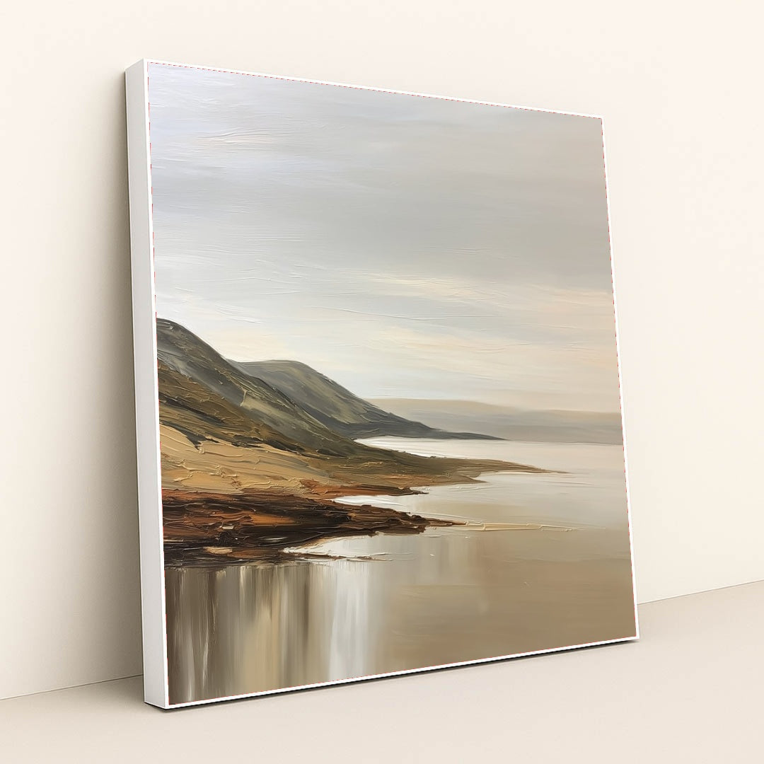 This artwork features a tranquil coastal landscape with rolling hills and calm waters painted in soft neutral tones, displayed in a white frame.