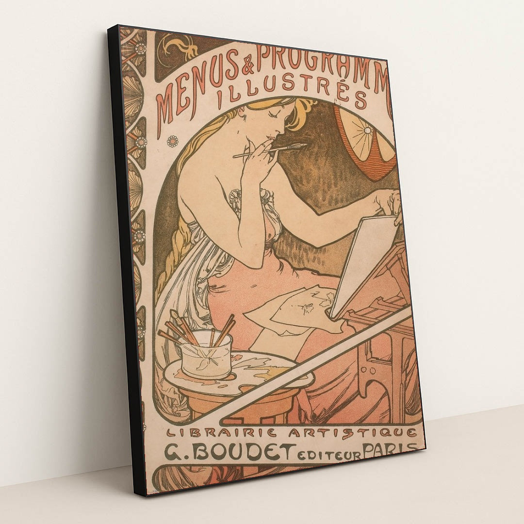 Les Menus and Programmes Illustres by Alphonse Mucha - Black Frame Stretchiez